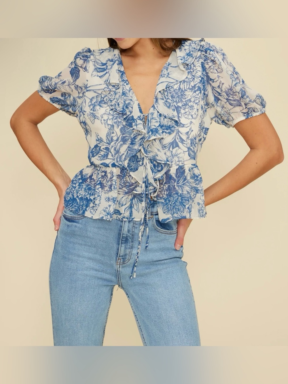 Lucy Paris Blue and White Floral Ruffle Tie-Front Blouse - Size M